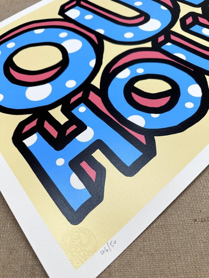 Hand-pulled screenprint, yellow, blue, red and black, bold 'OUR HOUSE' with white polka dots