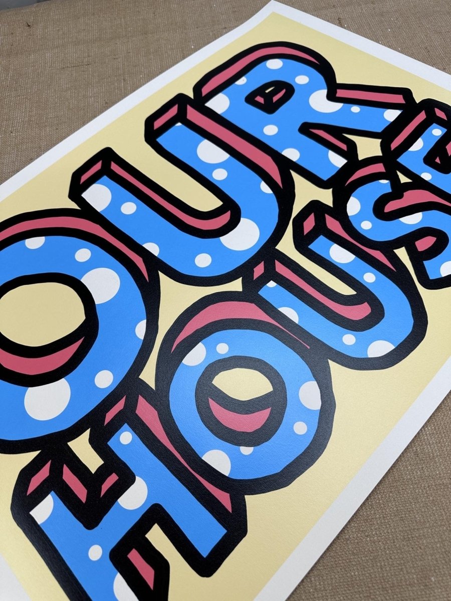 Hand-pulled screenprint, yellow, blue, red and black, bold 'OUR HOUSE' with white polka dots