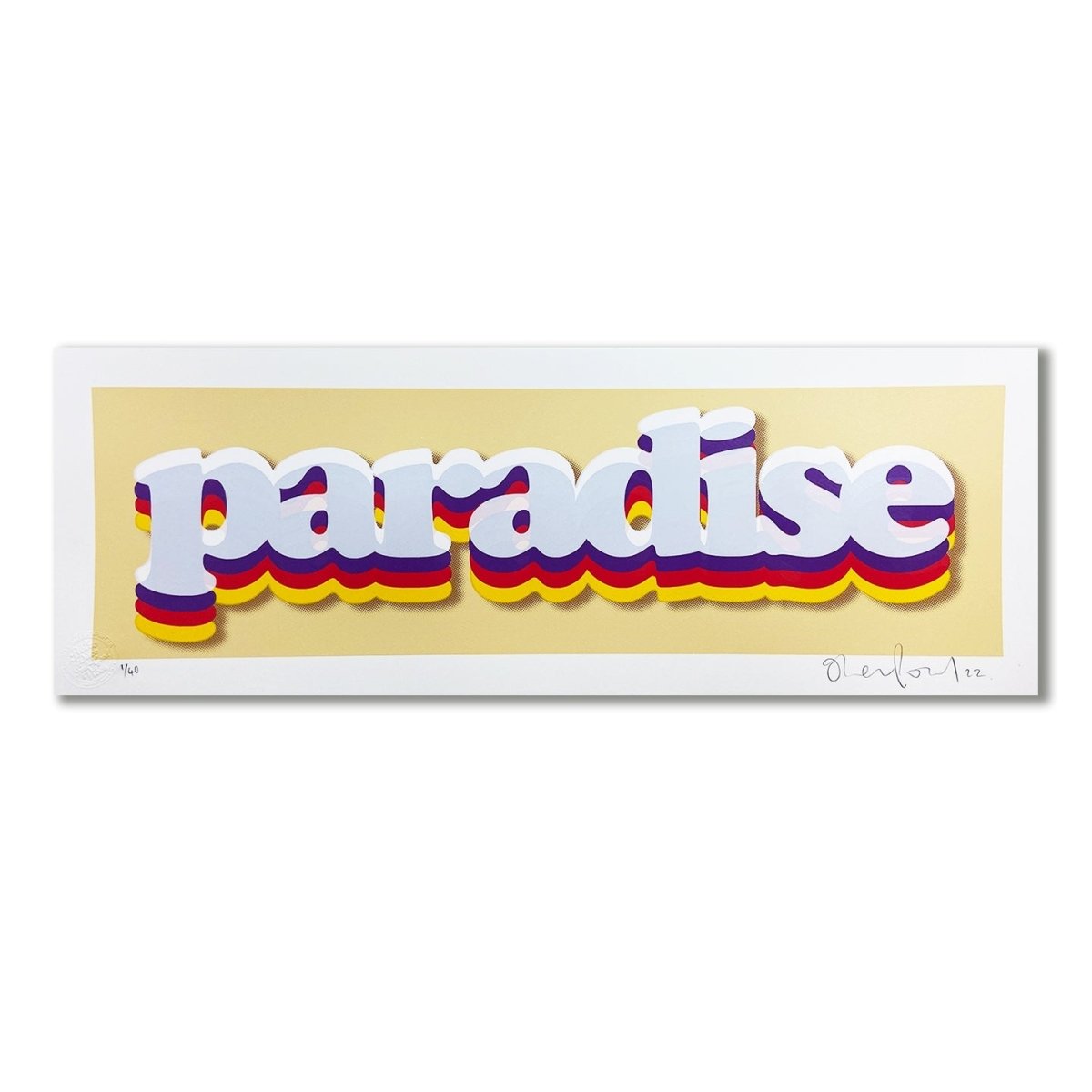 5-colour hand-pulled screenprint, purple red yellow on cream, retro 'paradise' bubble lettering