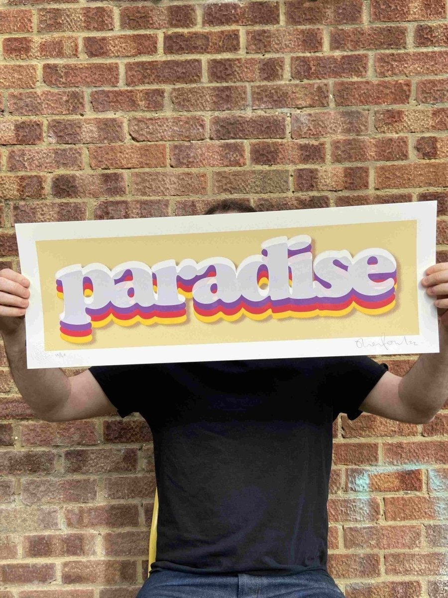 Paradise hand-pulled screenprint by Oli Fowler, bold retro rainbow layered typography on gold