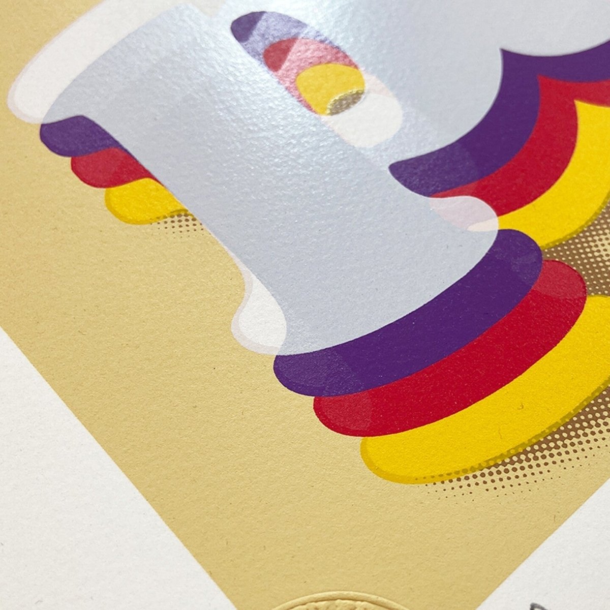 5-colour hand-pulled screenprint, purple red yellow on cream, retro 'paradise' bubble lettering