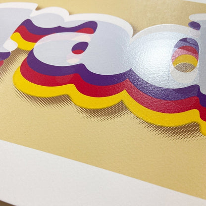 5-colour hand-pulled screenprint, purple red yellow on cream, retro 'paradise' bubble lettering