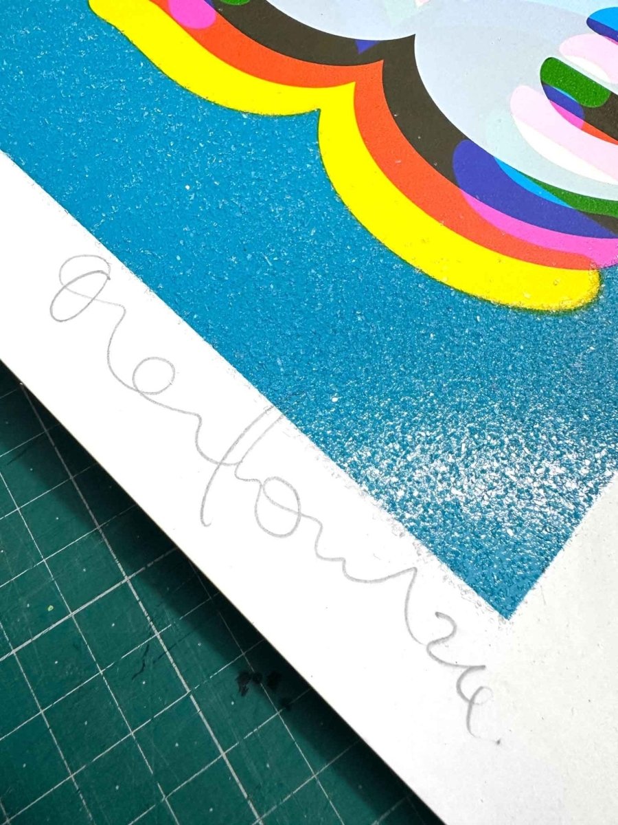5-colour screenprint with diamond dust, turquoise blue, rainbow-striped paradise text, white stock