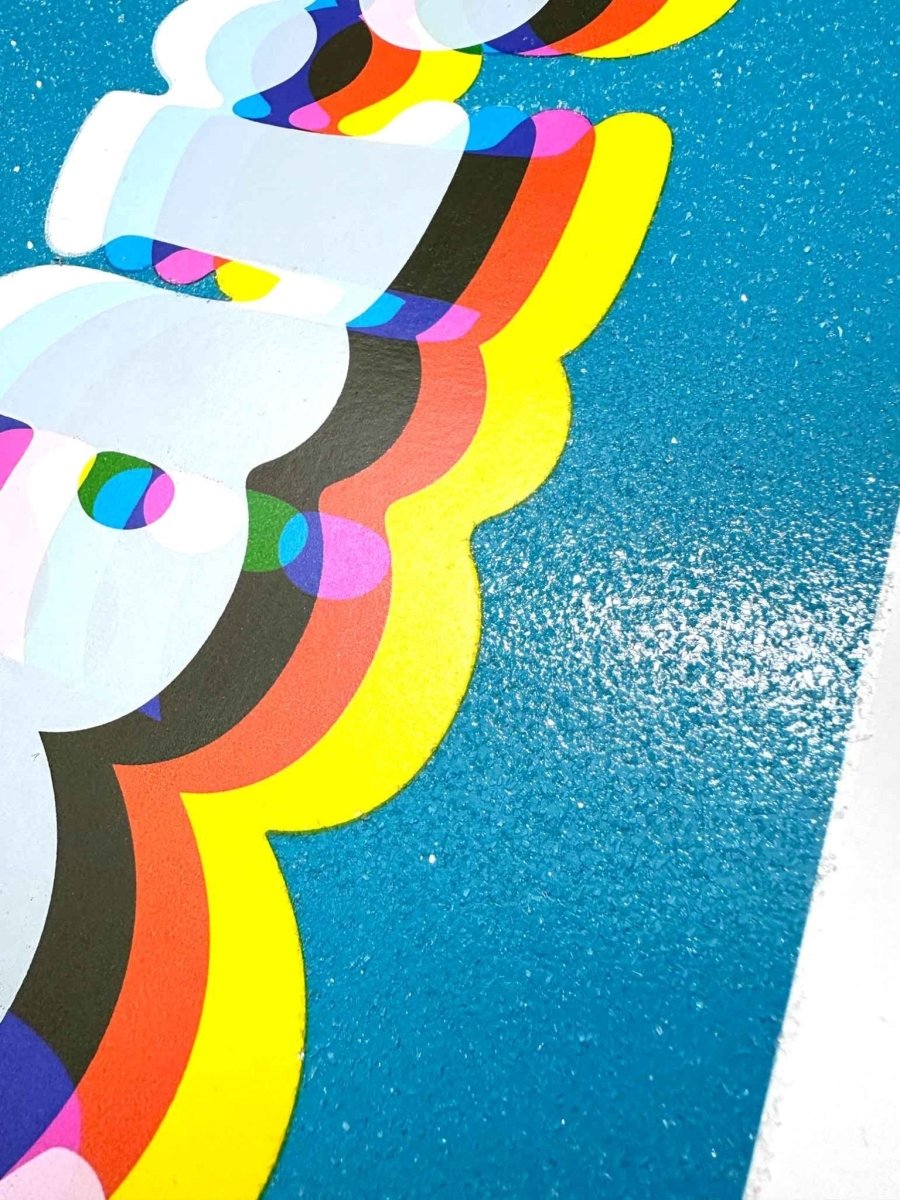 5-colour screenprint with diamond dust, turquoise blue, rainbow-striped paradise text, white stock