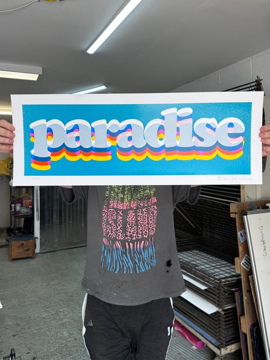 Paradise Diamond Dust, a hand-pulled screenprint by Oli Fowler with bold rainbow typography and glitter
