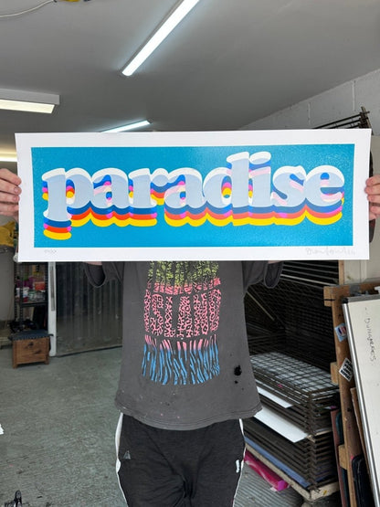 Paradise Diamond Dust, a hand-pulled screenprint by Oli Fowler with bold rainbow typography and glitter