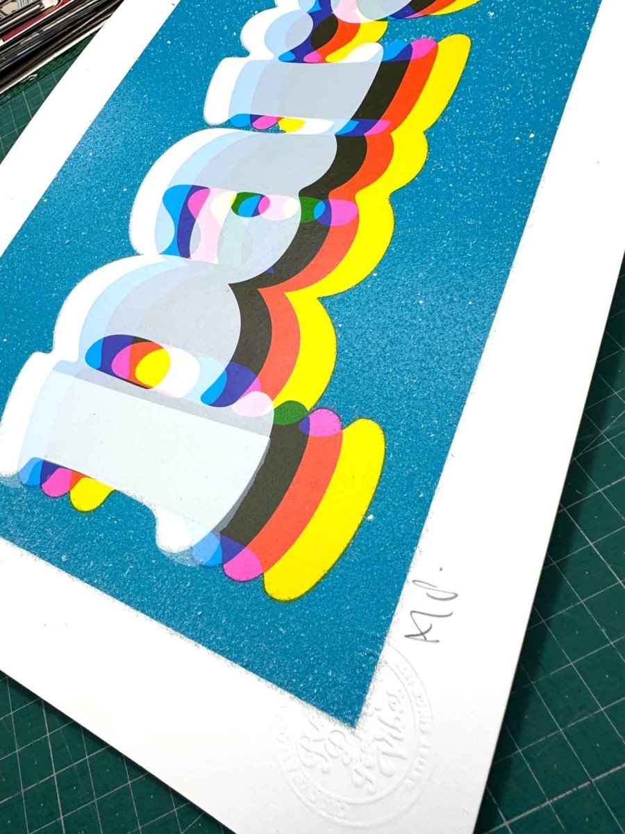 5-colour screenprint with diamond dust, turquoise blue, rainbow-striped paradise text, white stock