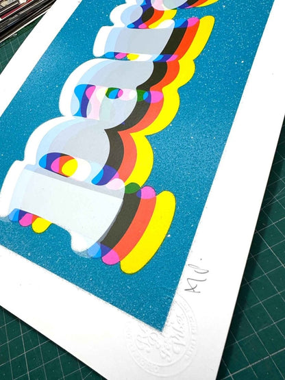 5-colour screenprint with diamond dust, turquoise blue, rainbow-striped paradise text, white stock