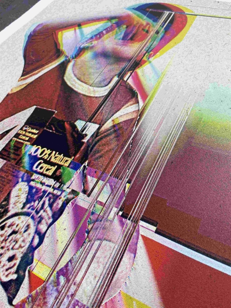 4-colour screenprint, CMYK rainbow dither, figure with Quaker Oats and glitch effects, on textured natural stock