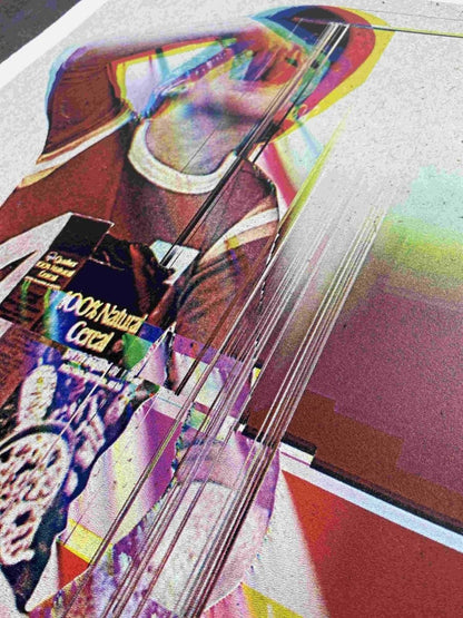 4-colour screenprint, CMYK rainbow dither, figure with Quaker Oats and glitch effects, on textured natural stock