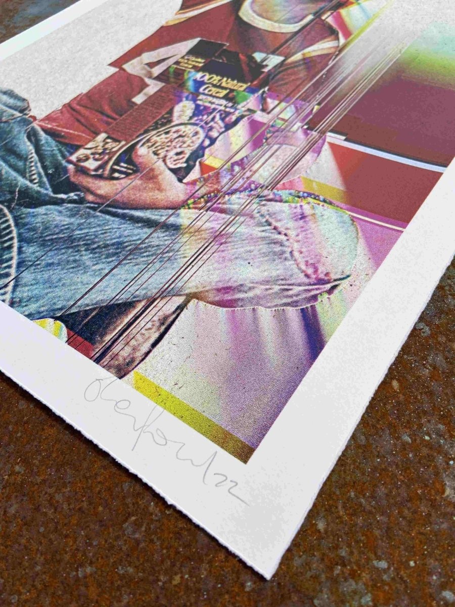 4-colour screenprint, CMYK rainbow dither, figure with Quaker Oats and glitch effects, on textured natural stock