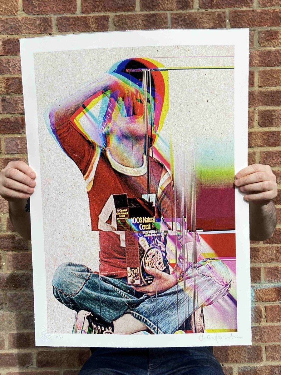 Quaker CMYK Dither hand-pulled screenprint by Oli Fowler — boy with cereal box, glitch colour separation