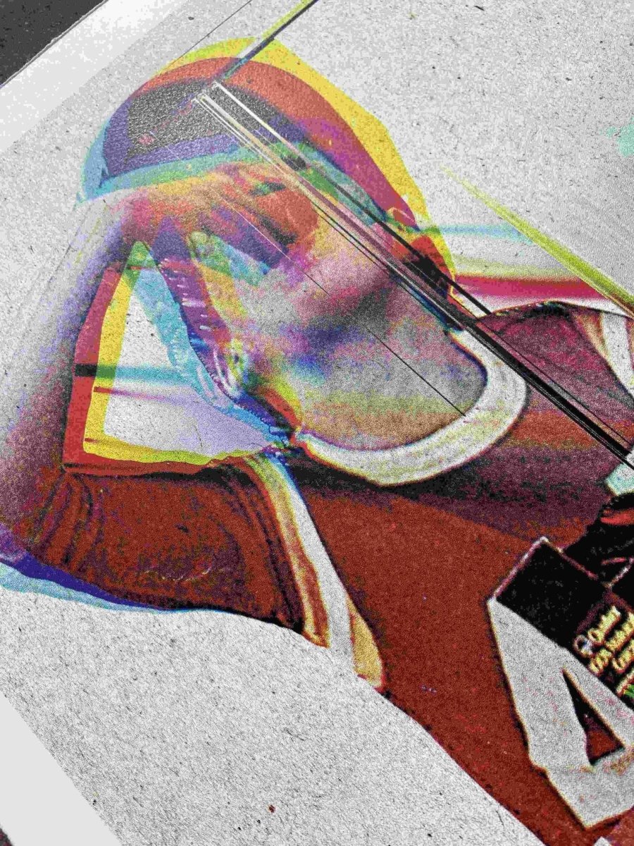 4-colour screenprint, CMYK rainbow dither, figure with Quaker Oats and glitch effects, on textured natural stock