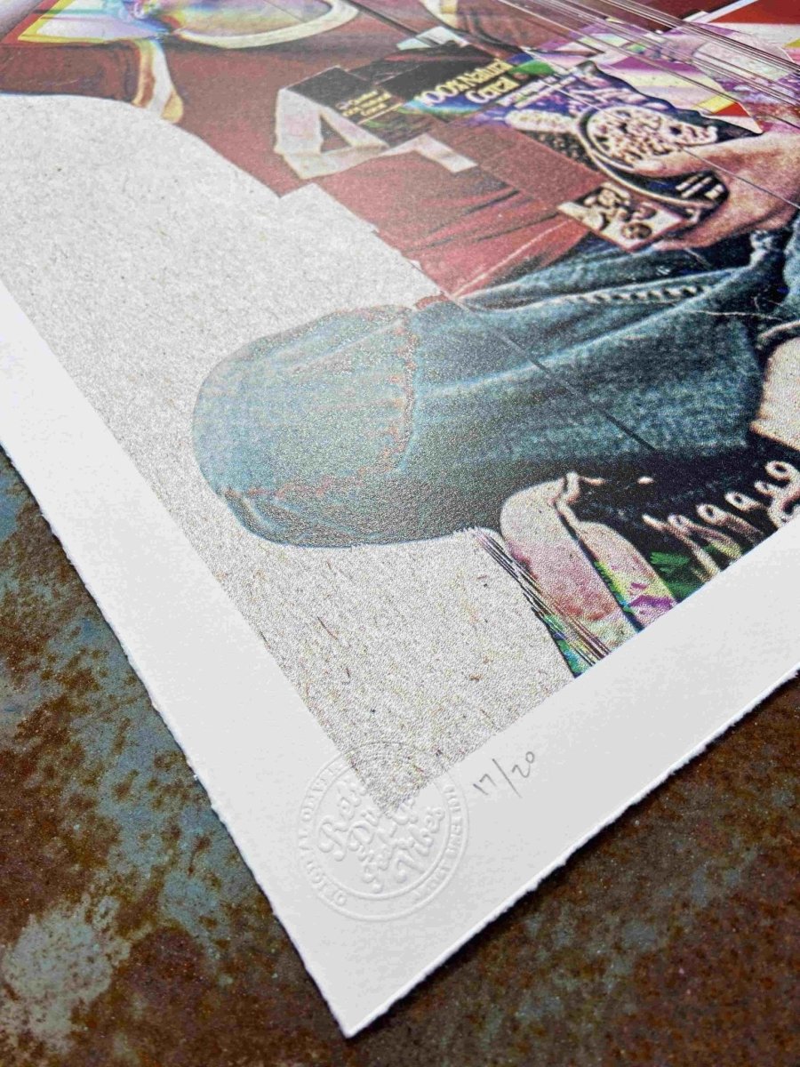 4-colour screenprint, CMYK rainbow dither, figure with Quaker Oats and glitch effects, on textured natural stock