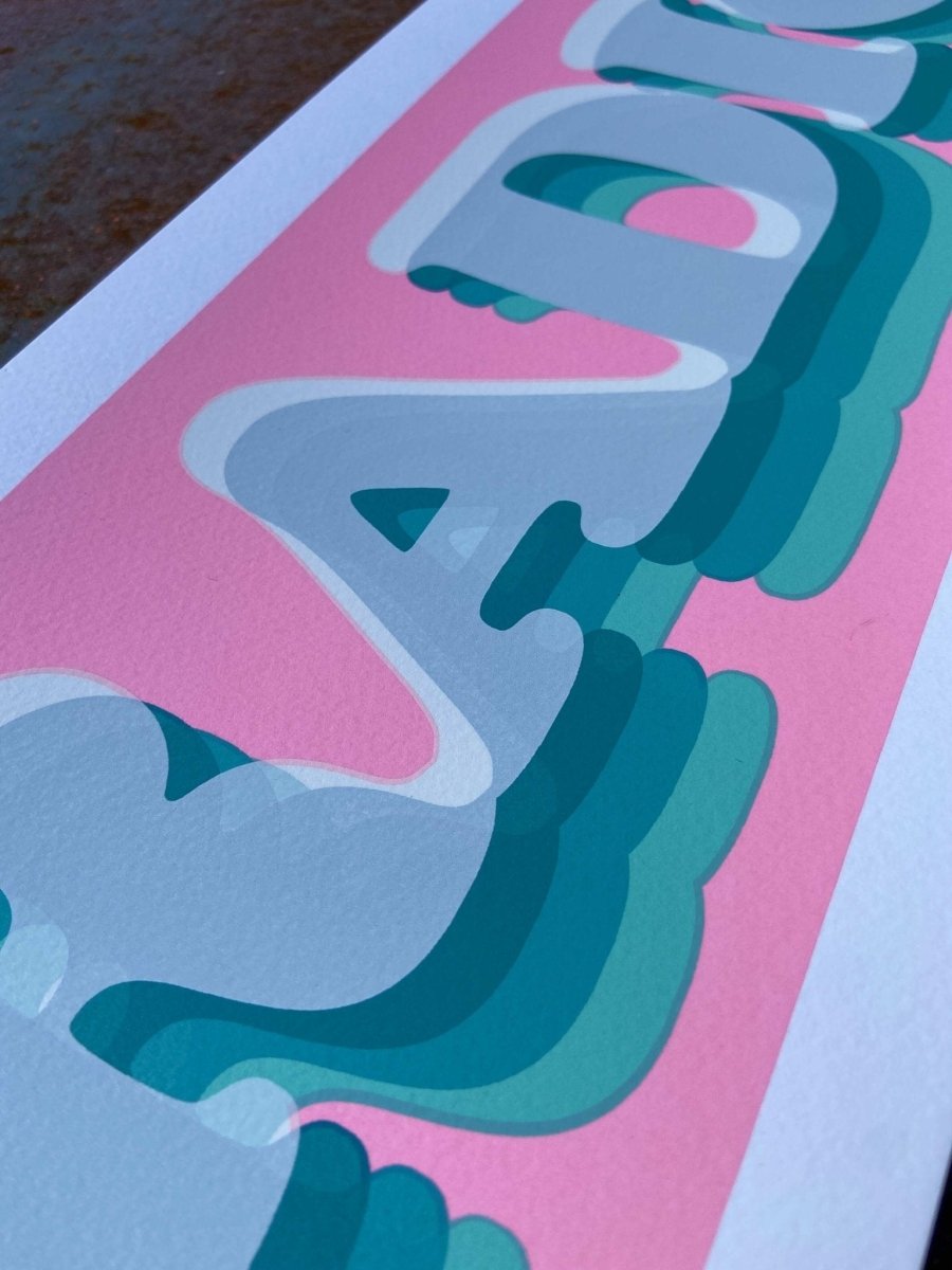 3-colour screenprint, pink and turquoise, retro 3D 'RADICAL!' typography with layered shadow effect