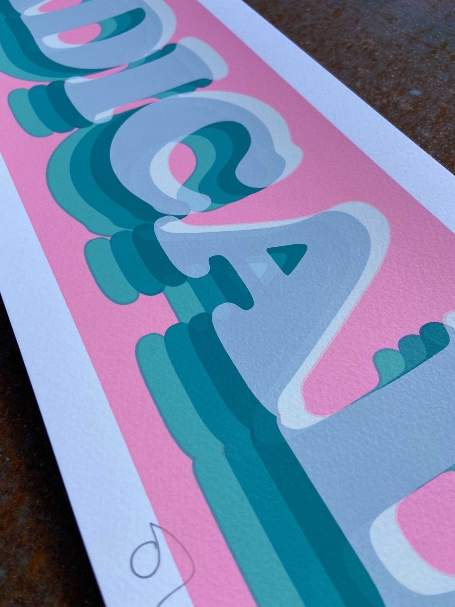 3-colour screenprint, pink and turquoise, retro 3D 'RADICAL!' typography with layered shadow effect