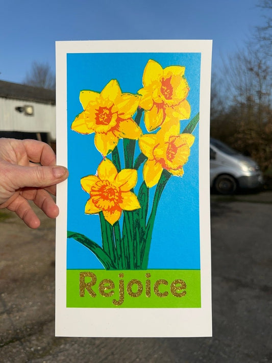 Rejoice — hand-pulled screenprint of bold yellow daffodils on turquoise by Oli Fowler