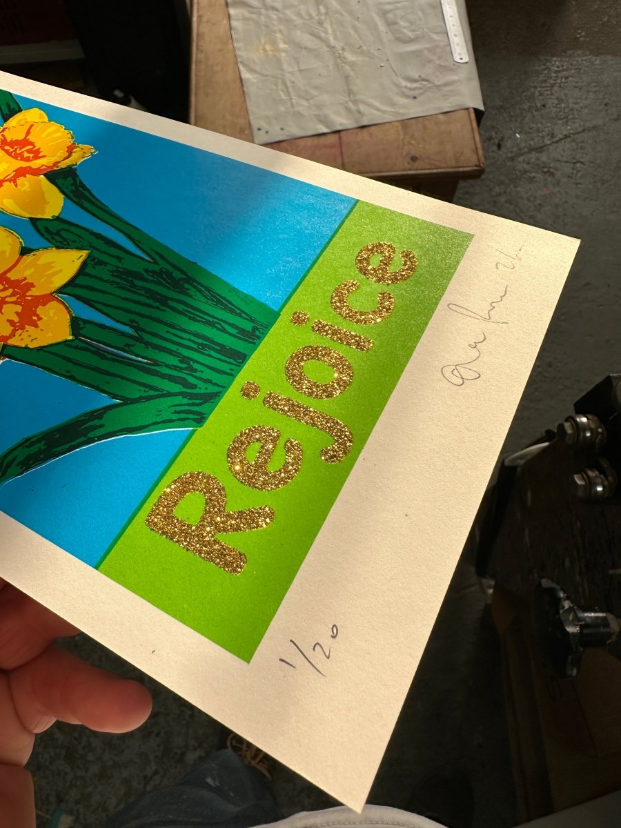 Rejoice Gold Glitter - Hand Pulled Screen Print Screen Print OLI FOWLER ART tag1  Hand Pulled