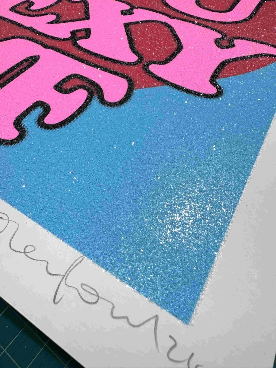 4-colour screenprint, blue red and pink, bubbly 'YOU SEXY MF' lettering over red heart, edition of 50