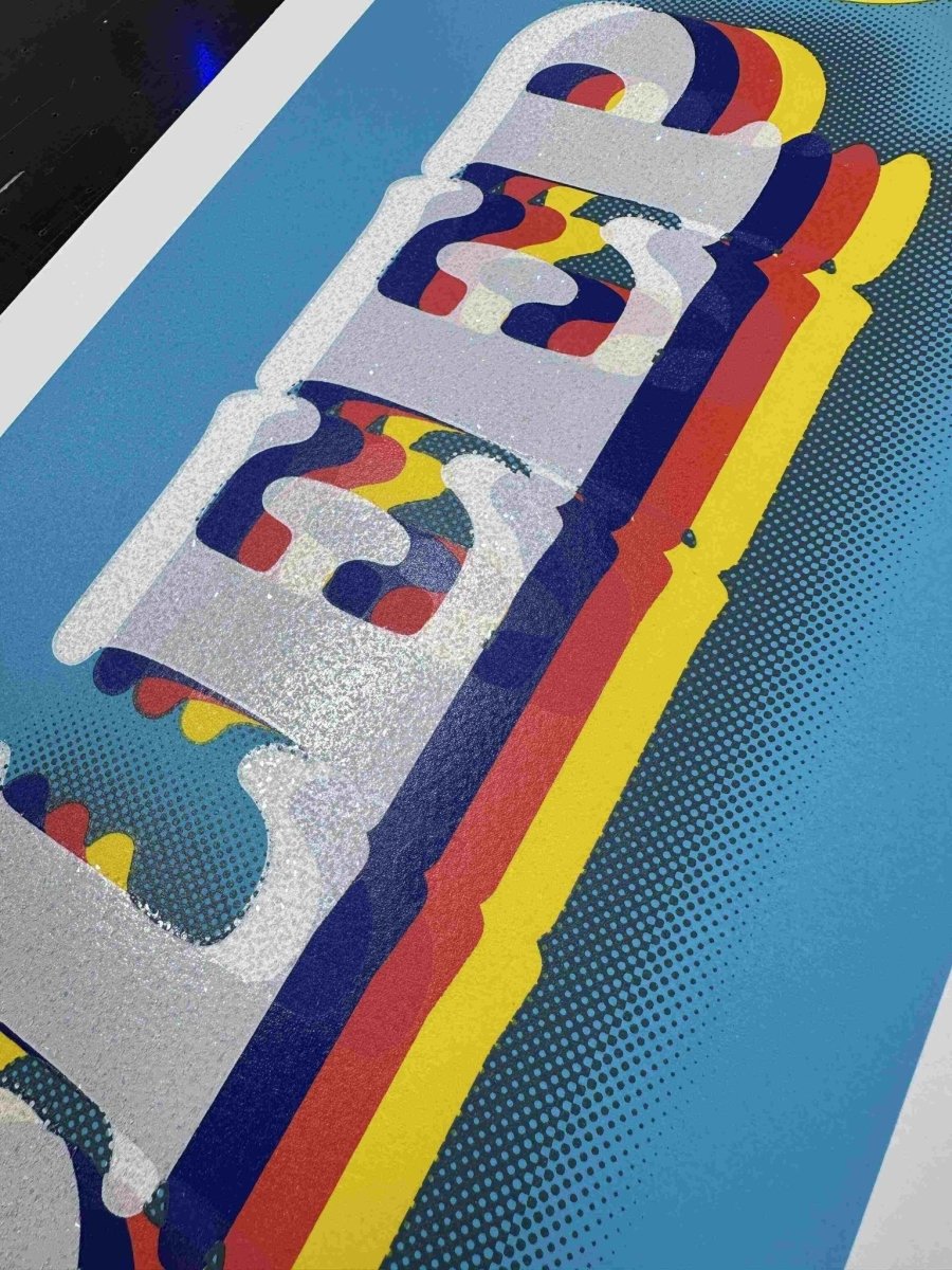 Multi-colour screenprint with diamond dust, turquoise blue, white 3D typography with retro rainbow shadows