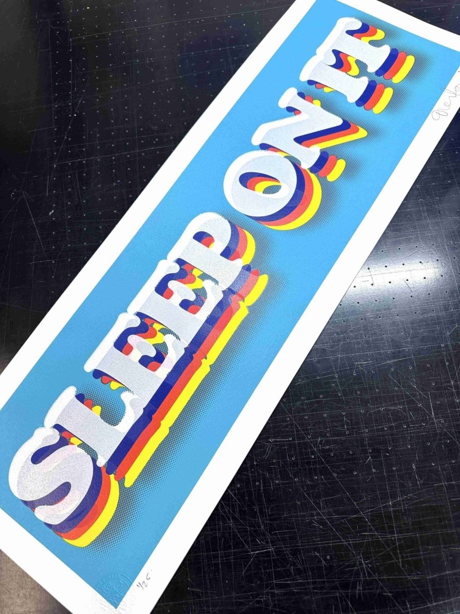 Multi-colour screenprint with diamond dust, turquoise blue, white 3D typography with retro rainbow shadows