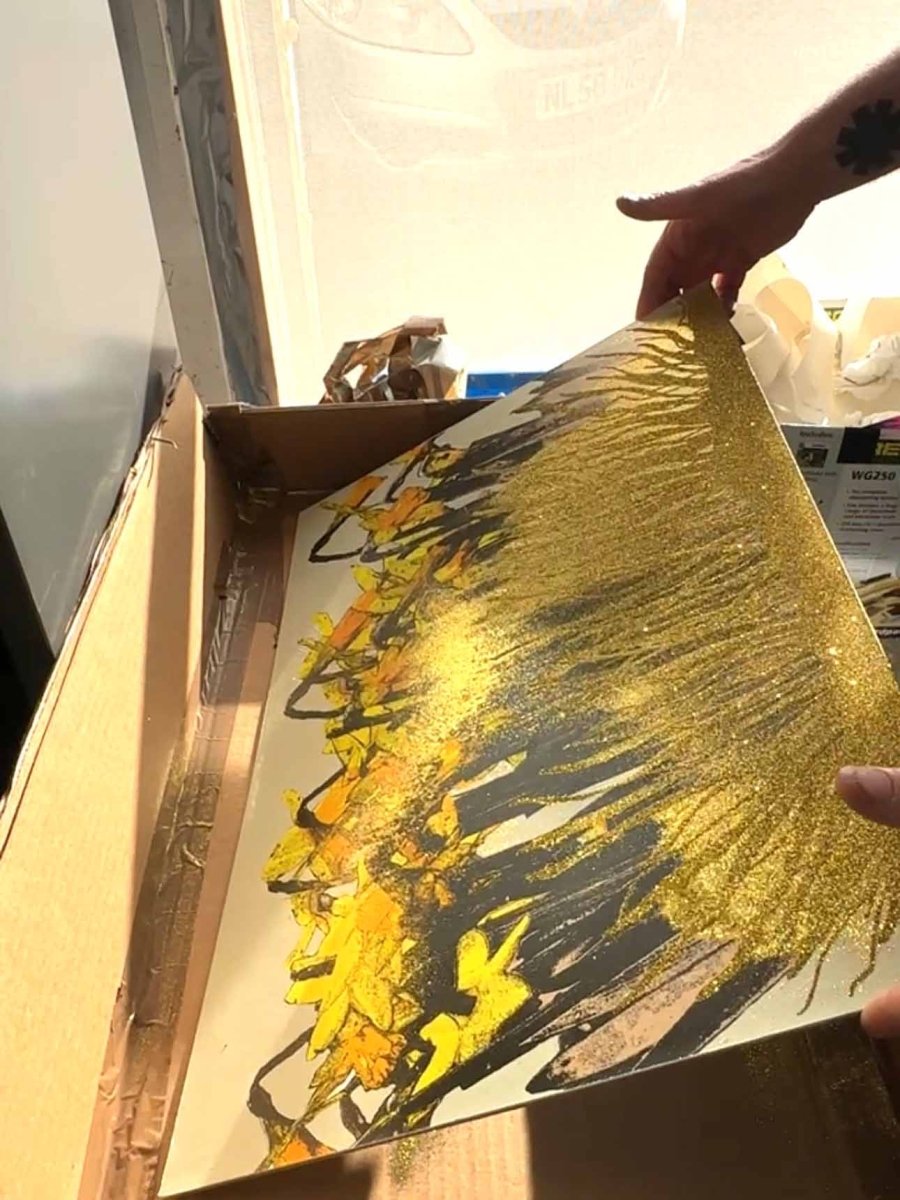 Strength In The Sun: A Hand - Pulled Screenprint with Gold Glitter Detail. Original screenprint OLI FOWLER ART tag1  gold leaf