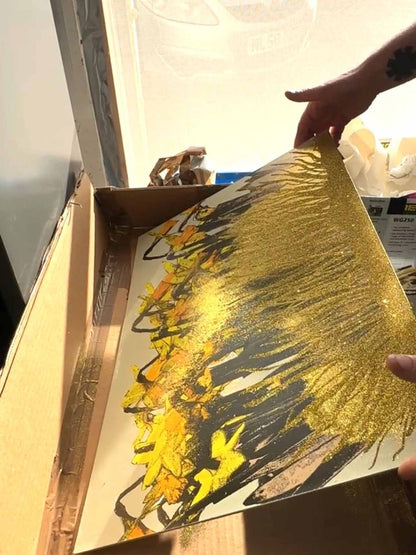 Strength In The Sun: A Hand - Pulled Screenprint with Gold Glitter Detail. Original screenprint OLI FOWLER ART tag1  gold leaf