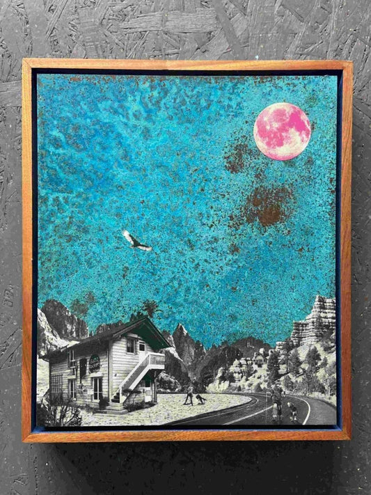 The Road — hand-pulled screenprint on oxidised copper by Oli Fowler, teal patina sky, pink moon, collaged road scene
