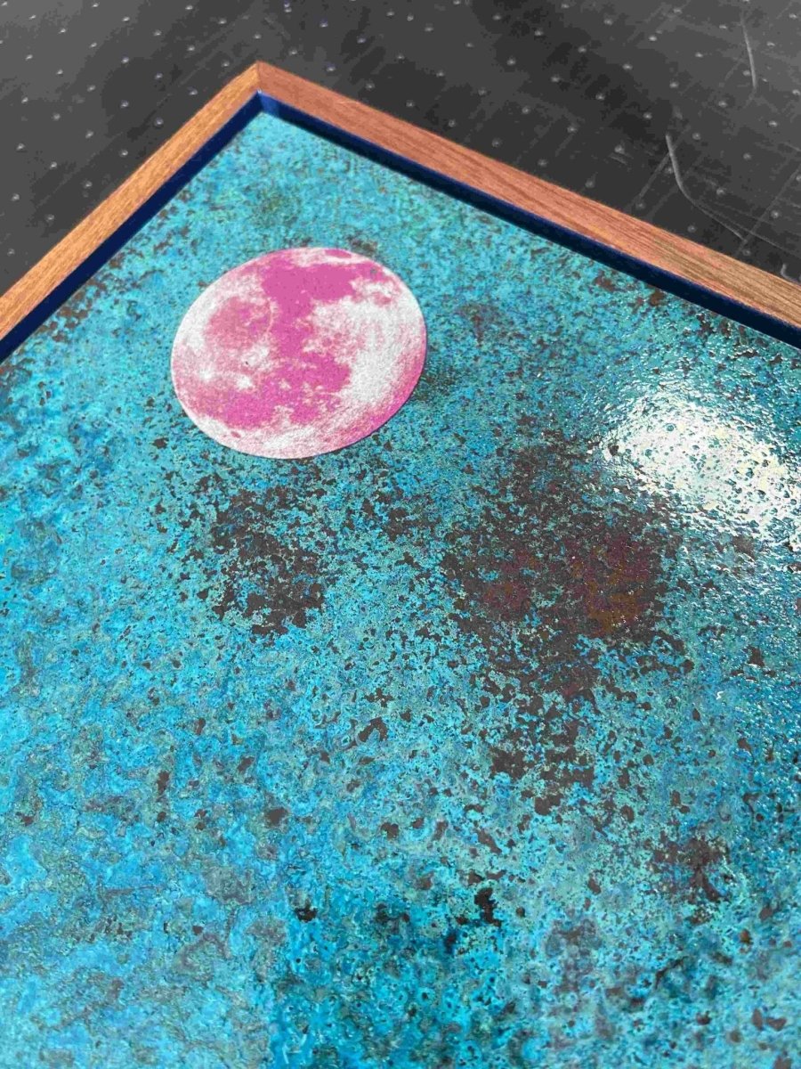 4-colour screenprint with oxidised copper, turquoise sky, pink moon, alpine house and winding road