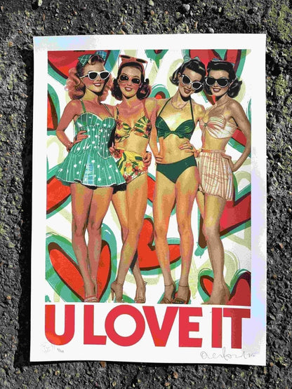 Multi-colour screenprint, red green yellow, vintage beach babes in retro swimsuits and sunglasses, edition of 40