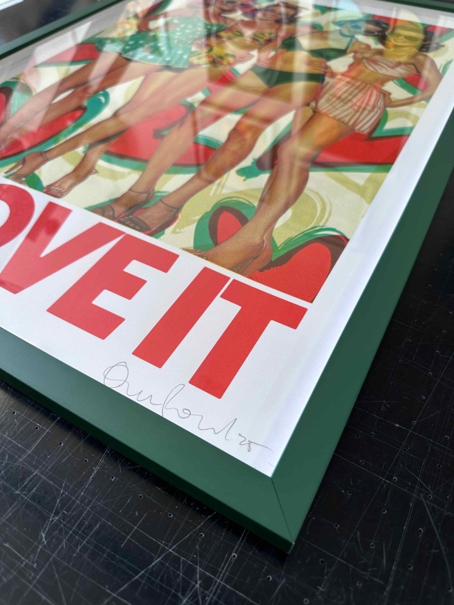 Multi-colour screenprint, red green yellow, vintage beach babes in retro swimsuits and sunglasses, edition of 40