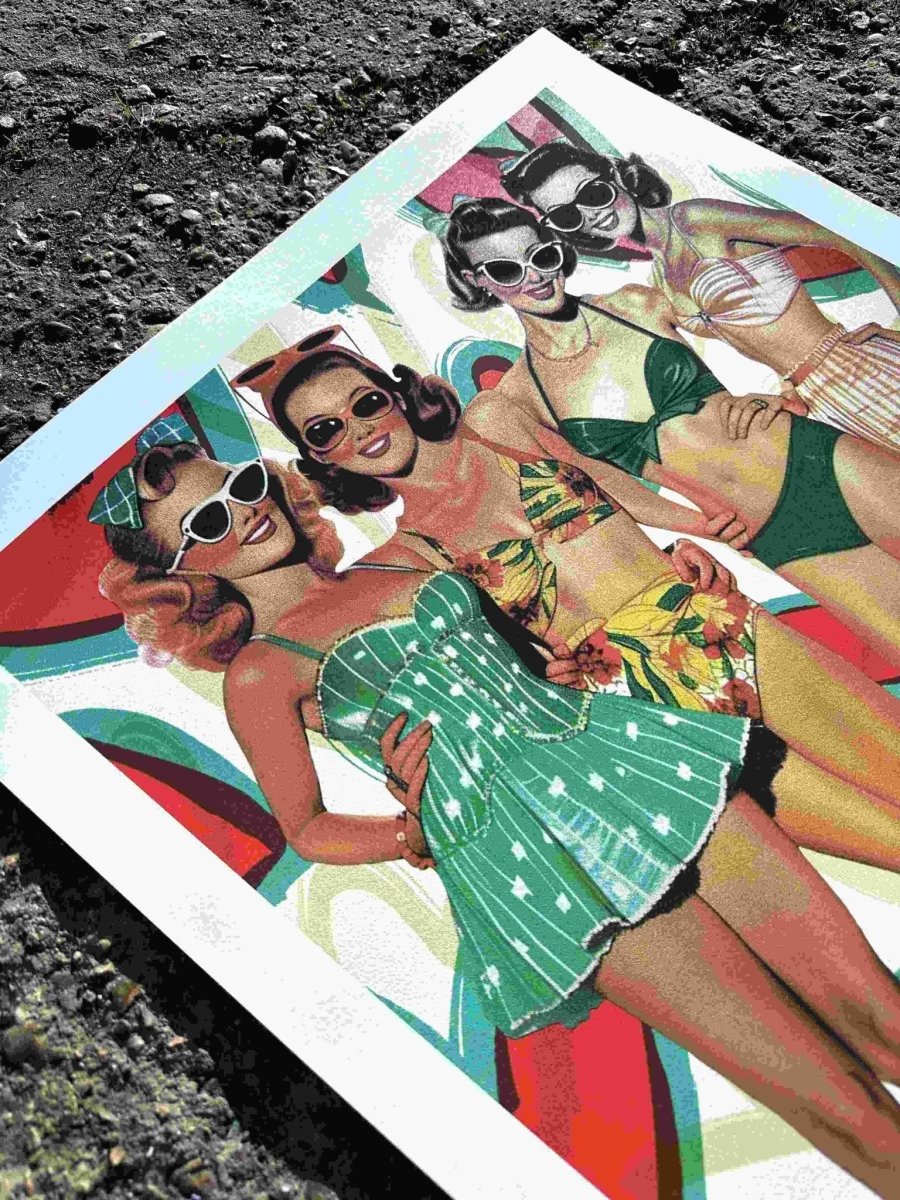 Multi-colour screenprint, red green yellow, vintage beach babes in retro swimsuits and sunglasses, edition of 40