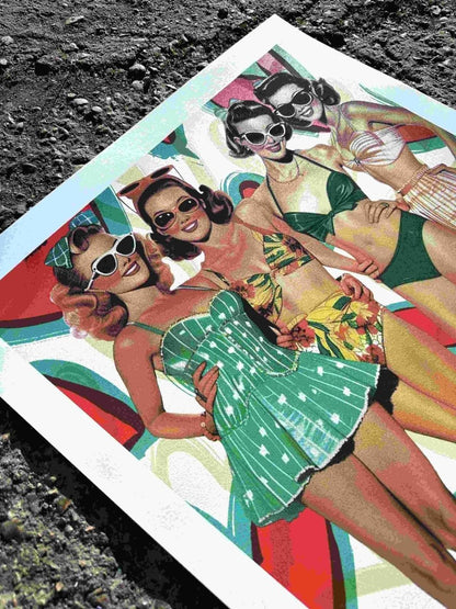 Multi-colour screenprint, red green yellow, vintage beach babes in retro swimsuits and sunglasses, edition of 40
