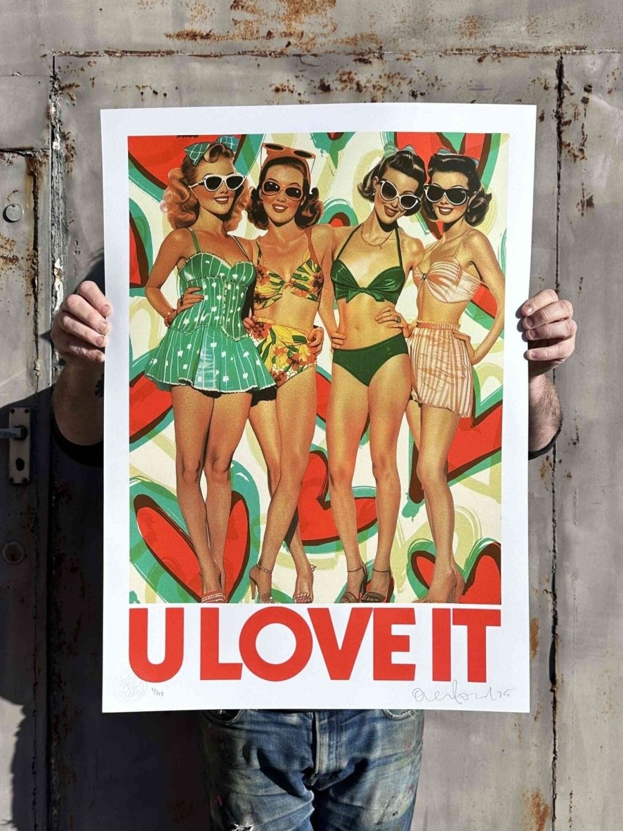 U Love It hand-pulled screenprint by Oli Fowler — four retro pin-up women in vintage swimwear, psychedelic swirl background