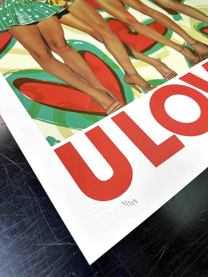 Multi-colour screenprint, red green yellow, vintage beach babes in retro swimsuits and sunglasses, edition of 40