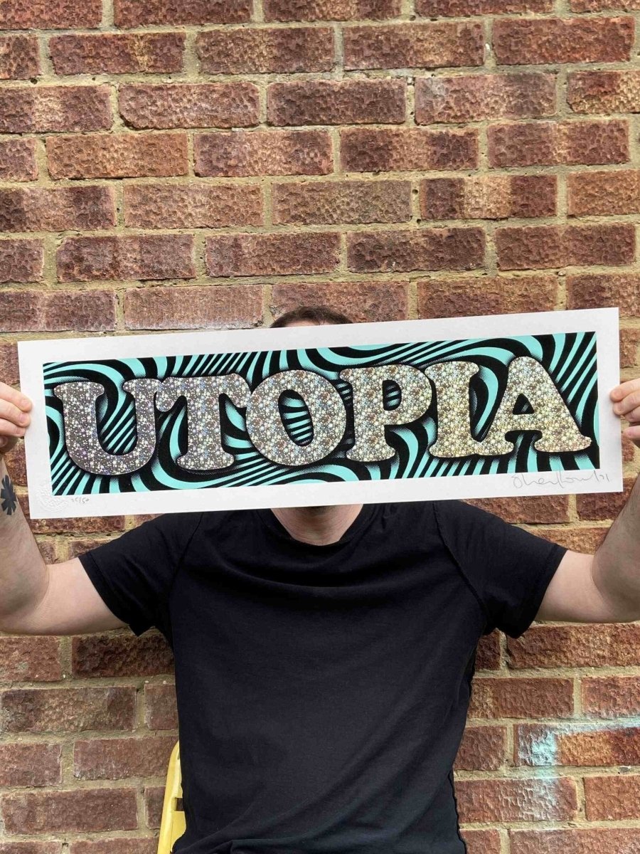 UTOPIA hand-pulled screenprint with hot foil stamp by Oli Fowler