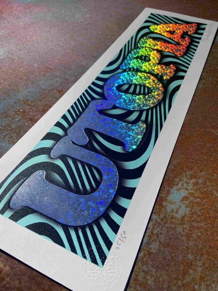 3-colour screenprint with silver hot foil, turquoise and black psychedelic swirls, glitter UTOPIA text