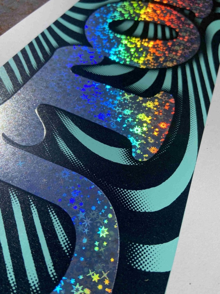 3-colour screenprint with silver hot foil, turquoise and black psychedelic swirls, glitter UTOPIA text