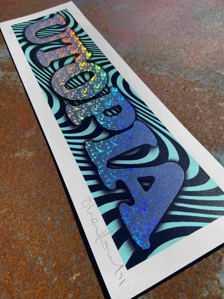 3-colour screenprint with silver hot foil, turquoise and black psychedelic swirls, glitter UTOPIA text
