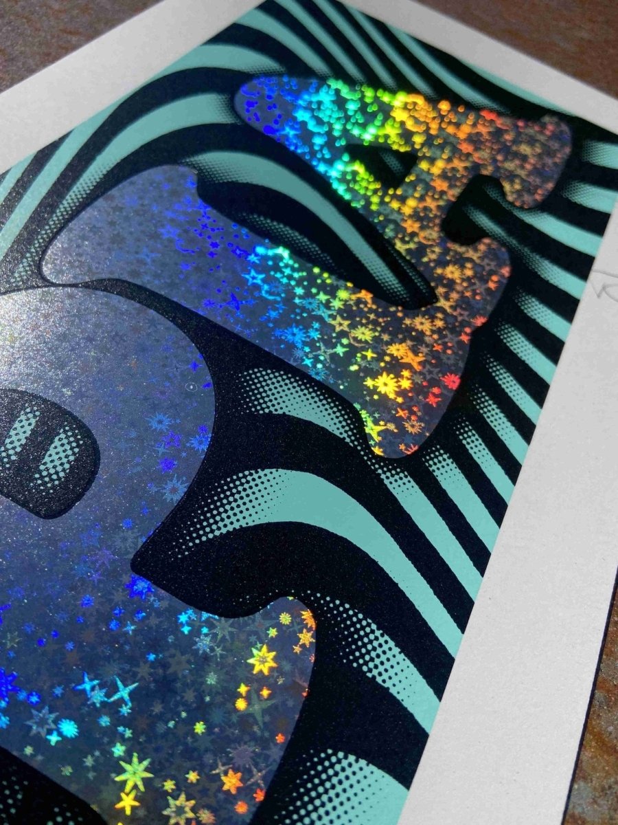 3-colour screenprint with silver hot foil, turquoise and black psychedelic swirls, glitter UTOPIA text