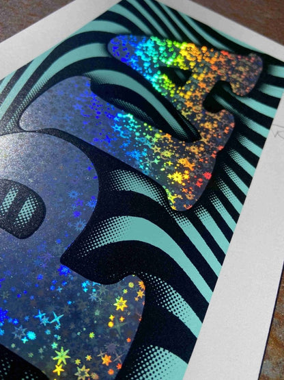 3-colour screenprint with silver hot foil, turquoise and black psychedelic swirls, glitter UTOPIA text