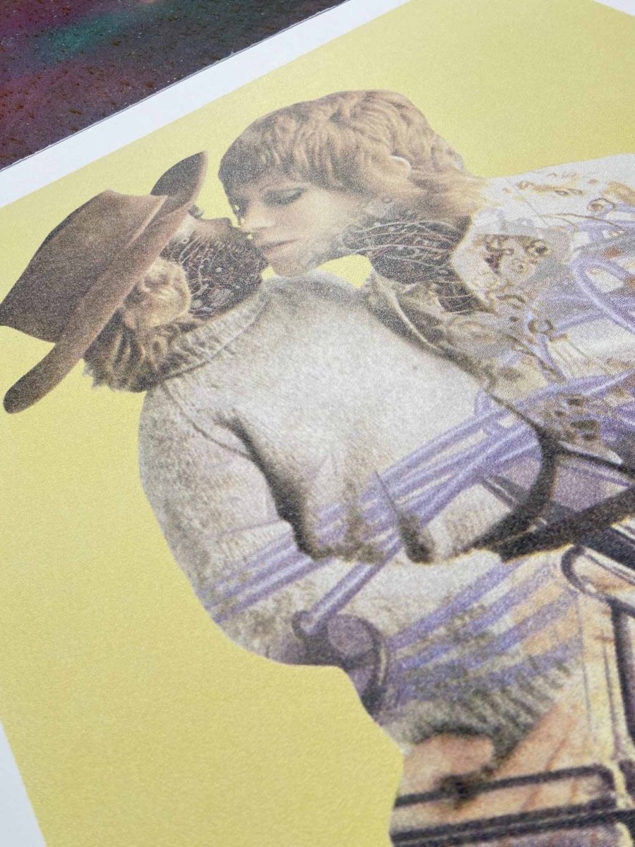 4-colour CMYK screenprint, lemon yellow ground, halftone dithered figures on motorcycle, edition of 70