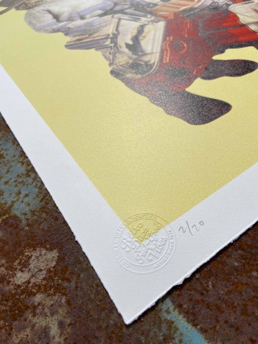 4-colour CMYK screenprint, lemon yellow ground, halftone dithered figures on motorcycle, edition of 70