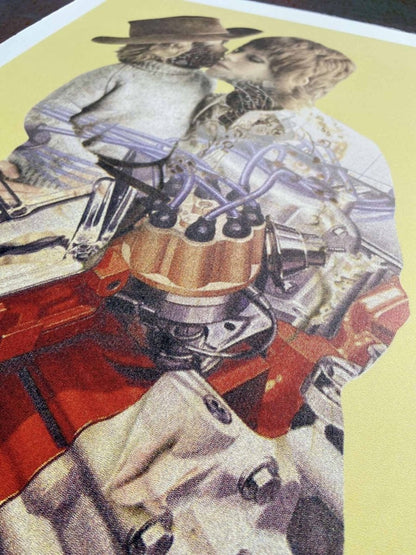 4-colour CMYK screenprint, lemon yellow ground, halftone dithered figures on motorcycle, edition of 70