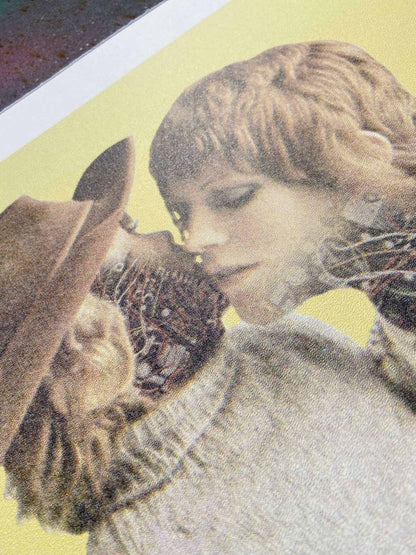 4-colour CMYK screenprint, lemon yellow ground, halftone dithered figures on motorcycle, edition of 70