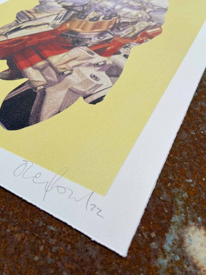 4-colour CMYK screenprint, lemon yellow ground, halftone dithered figures on motorcycle, edition of 70