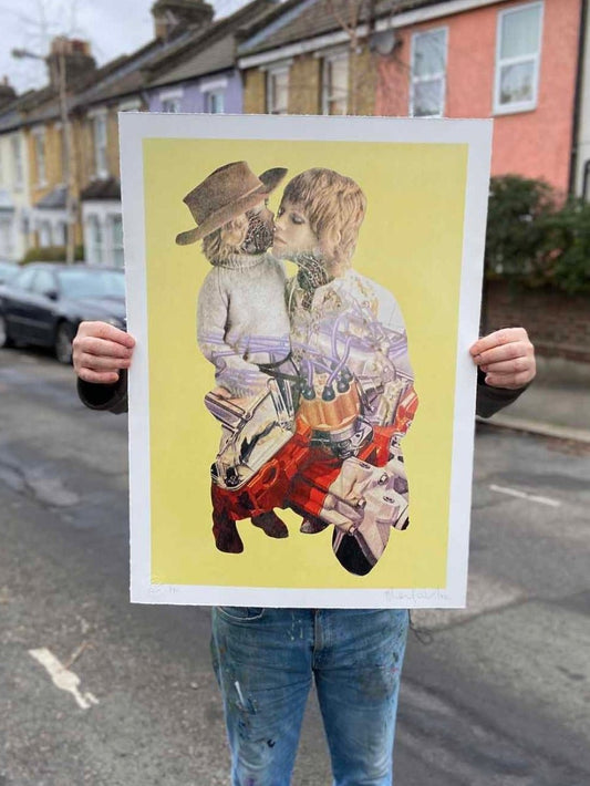 What Drives Us — CMYK dither hand-pulled screenprint by Oli Fowler, figures and engine on yellow