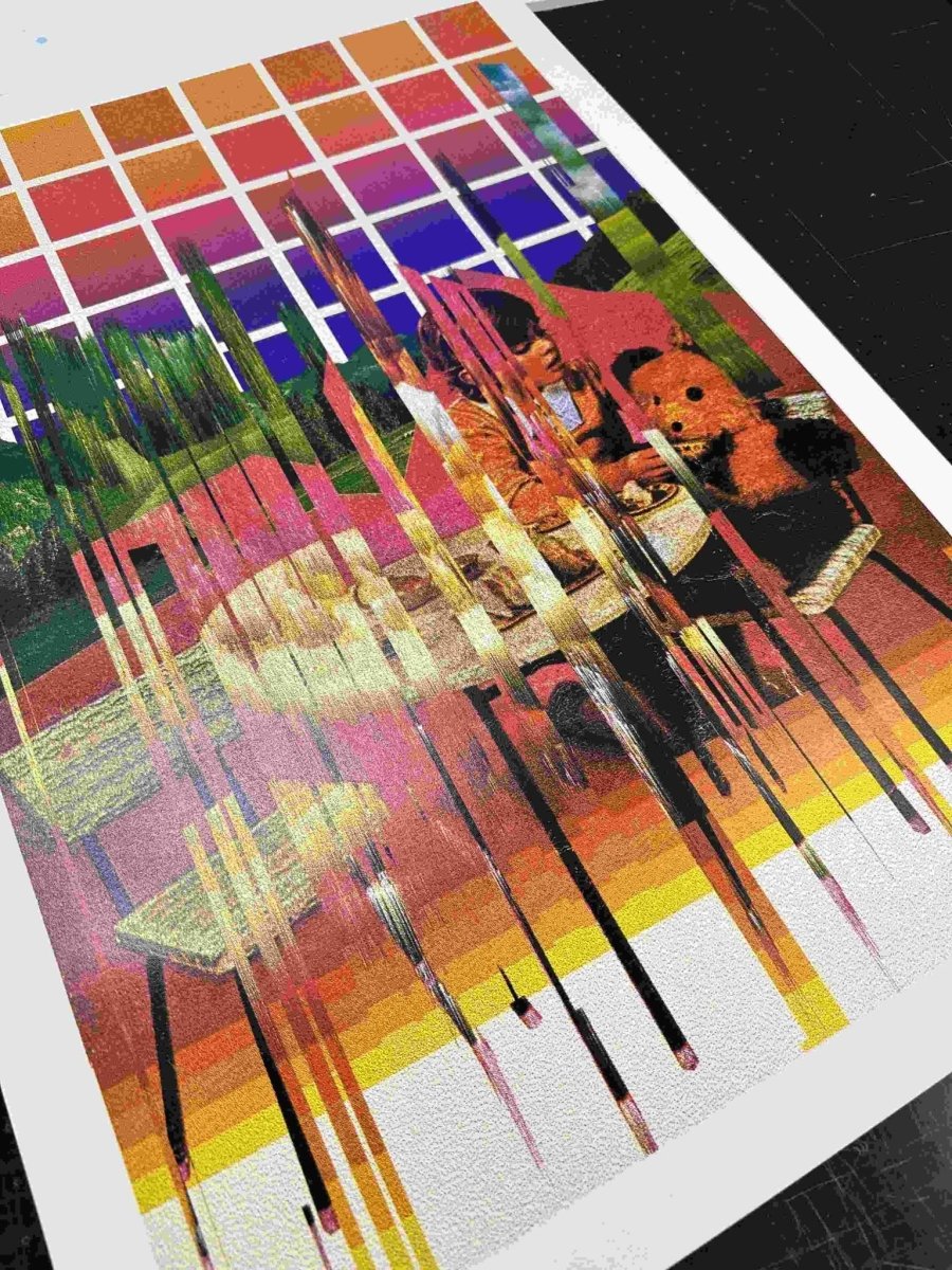 4-colour dither screenprint, sunset orange to purple gradient, glitched nostalgic scene with vertical drips