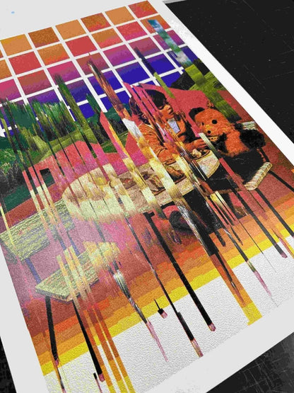4-colour dither screenprint, sunset orange to purple gradient, glitched nostalgic scene with vertical drips
