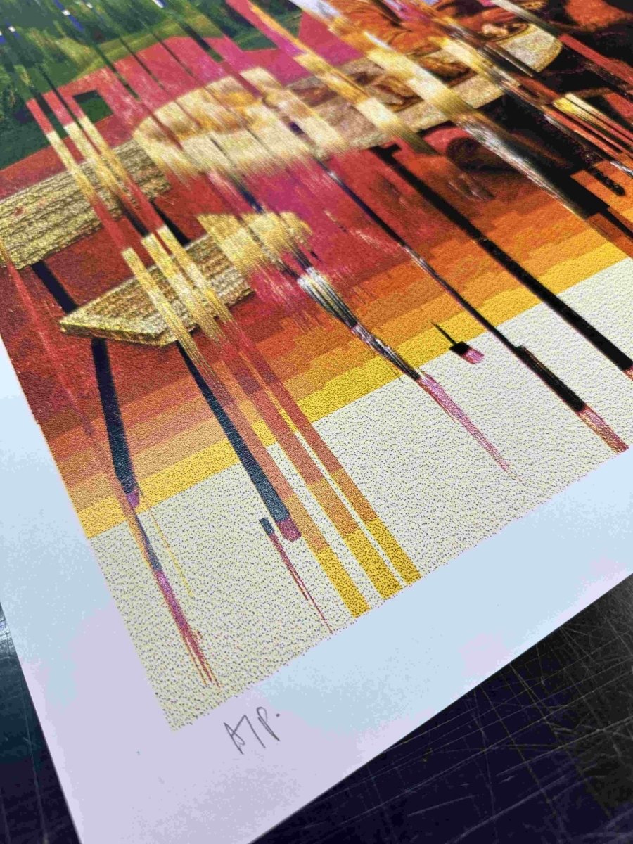 4-colour dither screenprint, sunset orange to purple gradient, glitched nostalgic scene with vertical drips